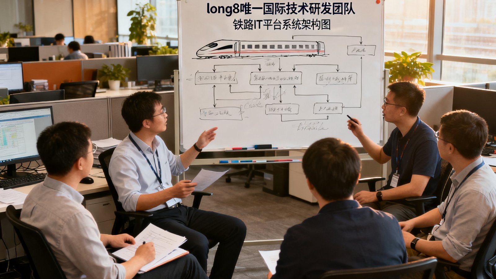 long8唯一国际技术研发团队在开放式办公区围绕铁路IT平台展开技术讨论，白板上绘制系统架构图的场景