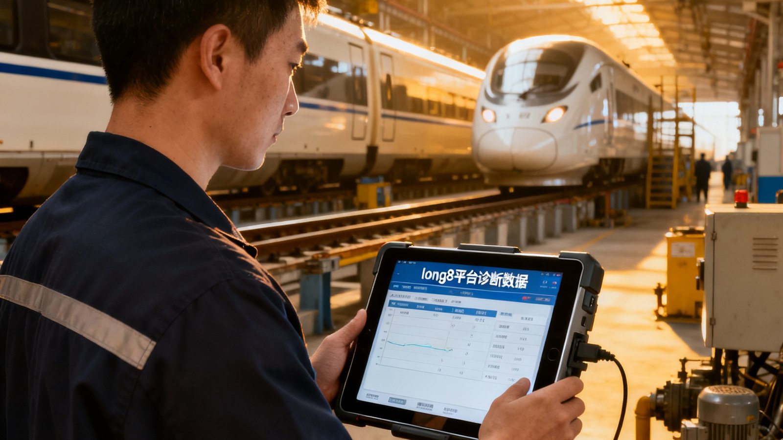 城际铁路车辆段内维护工程师使用平板终端查看long8平台诊断数据的现场作业画面