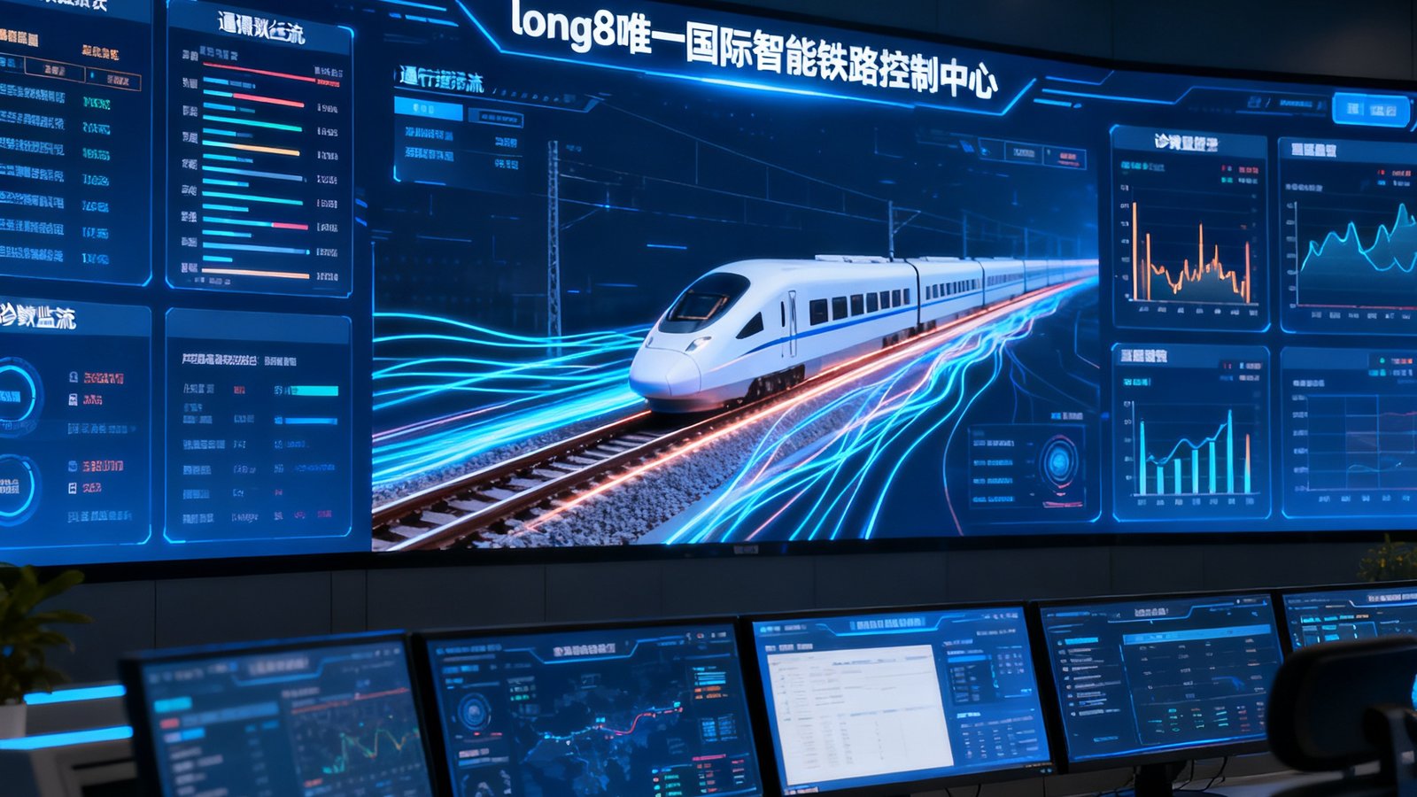 long8唯一国际智能铁路控制中心大屏展示列车实时运行状态、通信数据流和诊断监控界面的全景画面
