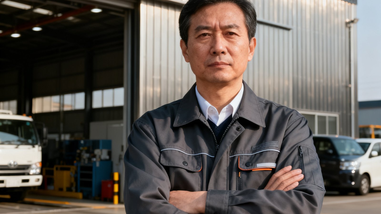 一位穿着工装夹克、双臂交叉站立的维保企业总经理在车辆段前的形象照片